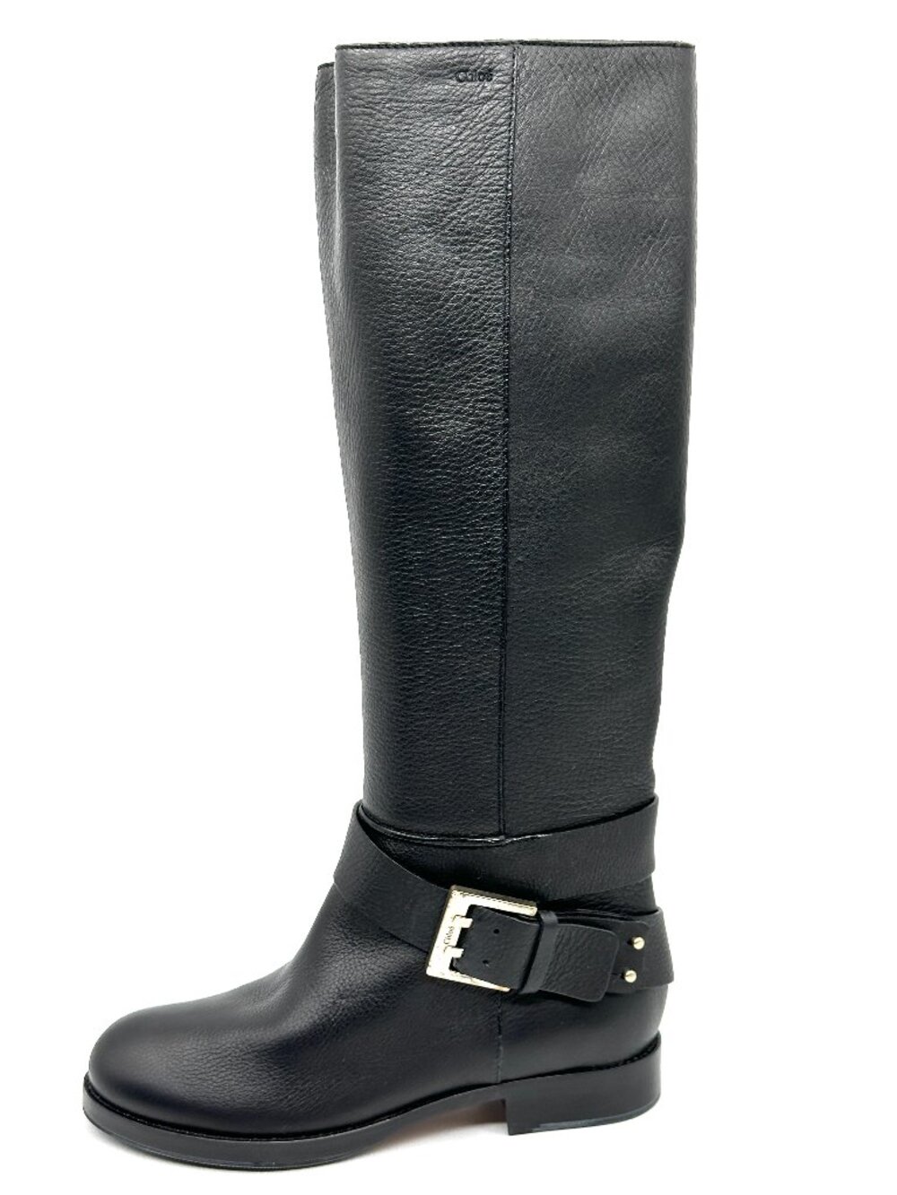 Chloe Erin Prince Leather Buckled Knee High Tall Riding Flat Boots Black